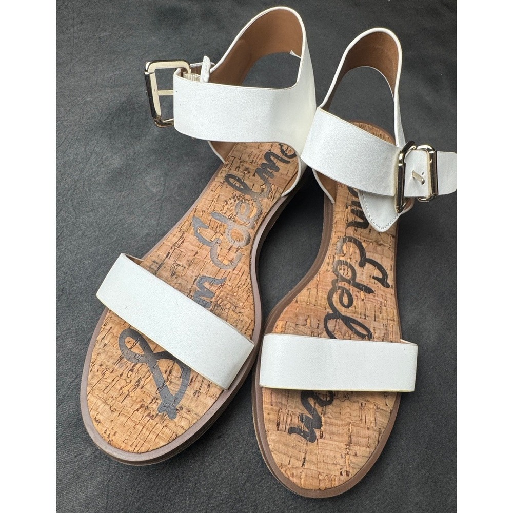 Sam Edelman White Leather Cork Sandals Gold Block Heel Buckle Strap Women's 7.5 - Picture 1 of 13